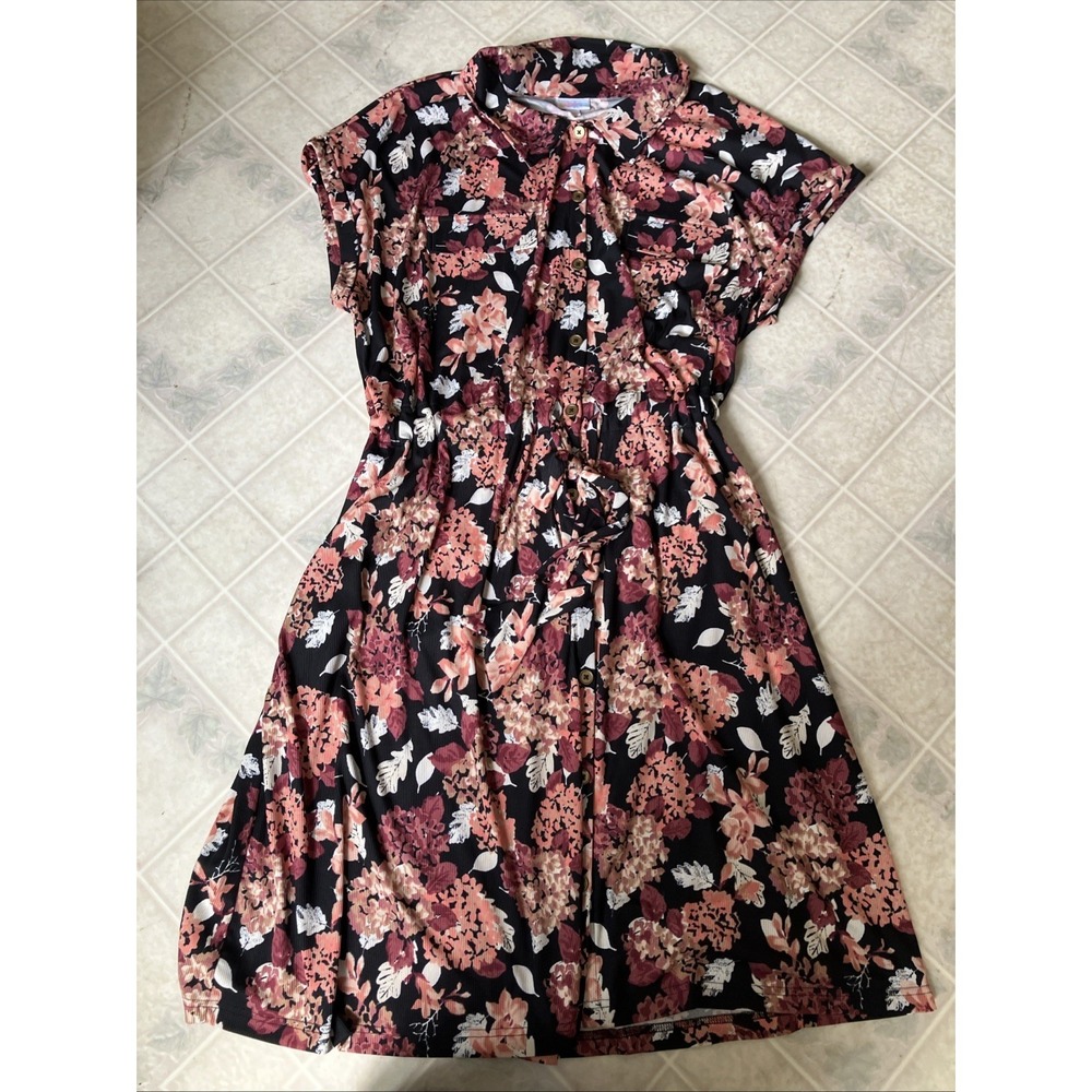 Lularoe 3XL Black Pink Floral Stacie Shirt Dress Pockets Button‎ Front Tie Belt